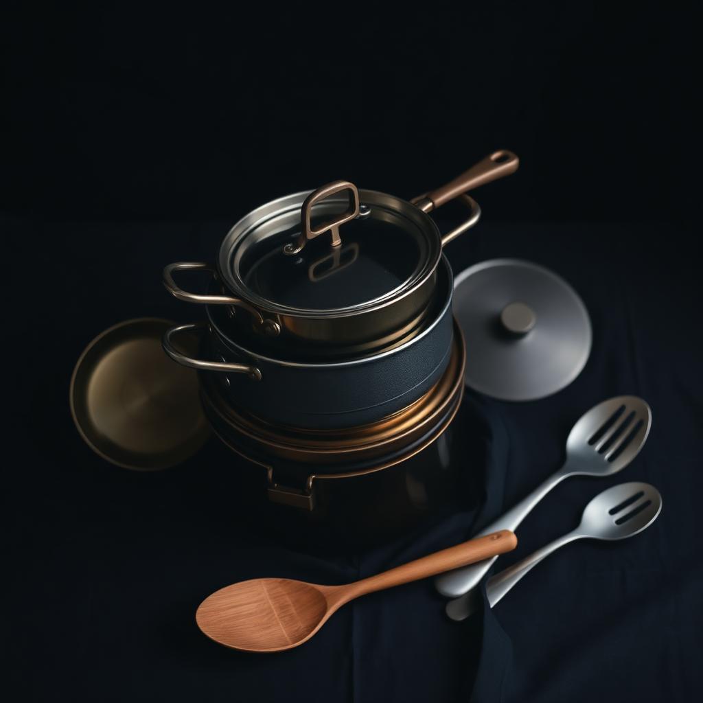 Stacked pans in warm light