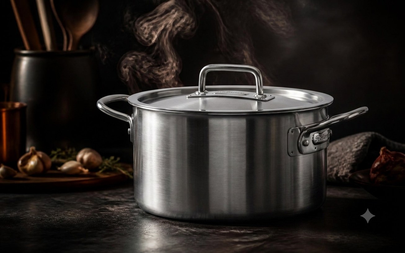 Copper cooking pan with steam in a dark kitchen