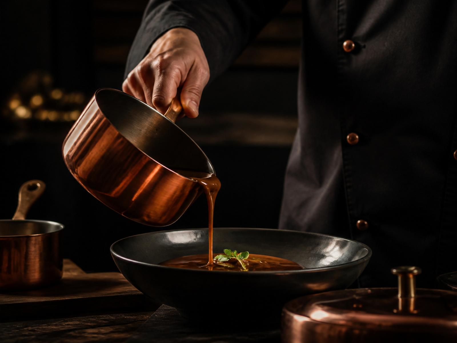 Chef pouring sauce from a copper pan